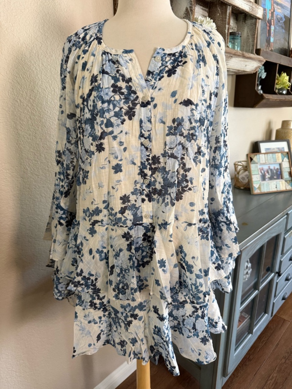 NWOT Maeve By Anthropologie Long-Sleeve V-Neck Mini Swing Dress Blue White Sz 2X - Picture 9 of 16
